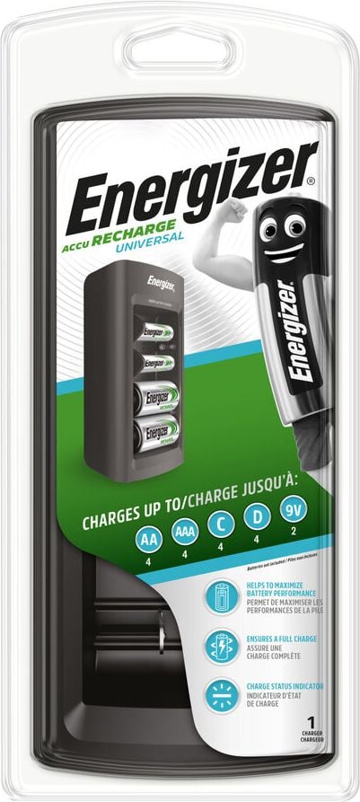 Akkuladegerät Energizer Universal Charger, für Micro-, Mignon-, Baby-, Mono und
E-Block-Akkus, LED-Anzeige, automatische
Timerabschaltung
