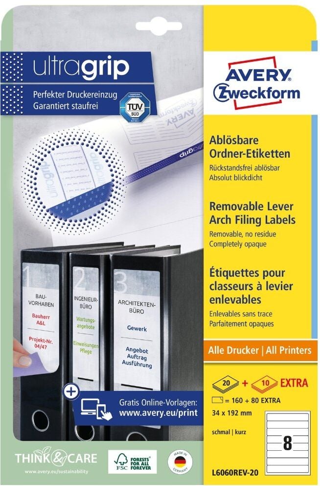 Rückenschilder Zweckform L6060REV-20 ultragrip, schmal/kurz, 192x34mm, ablösbar, auf A4,
weiß, Pack 30 Blatt/240 Stück