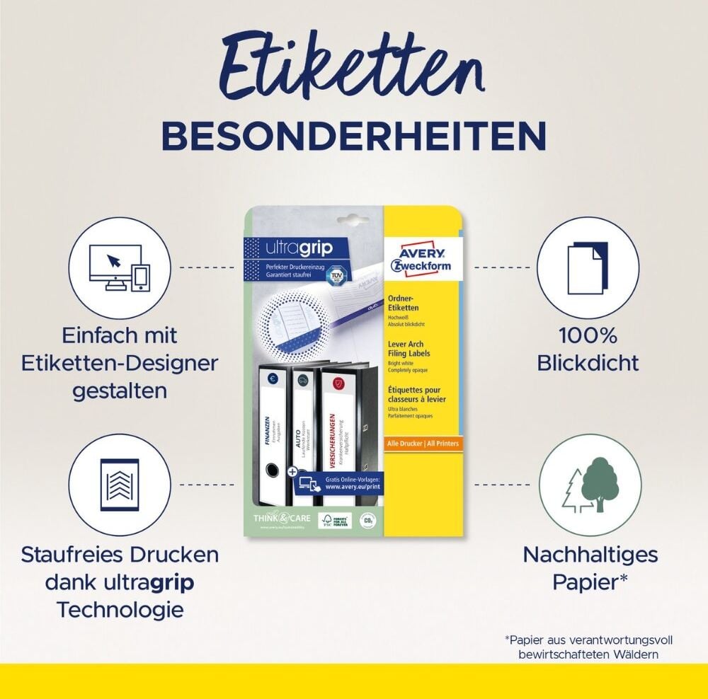 Rückenschilder Zweckform L4759-25 ultragrip, breit/lang, 297x61mm, auf A4, weiß, Pack 30
Blatt/90 Stück