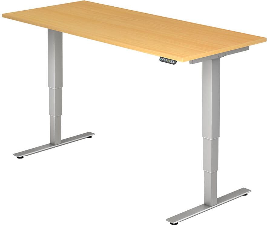 Hubschreibtisch Hammerbacher XDSM19/x/S, 180x80cm (BxT), 63,5-128,5cm Höhe, rechteckig, T-Fuß silber, buche