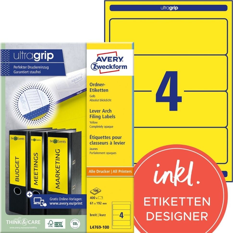 Rückenschilder Zweckform L4769-100 ultragrip, breit/kurz, 192x61mm, auf A4, gelb,
Pack 100 Blatt/400 Stück