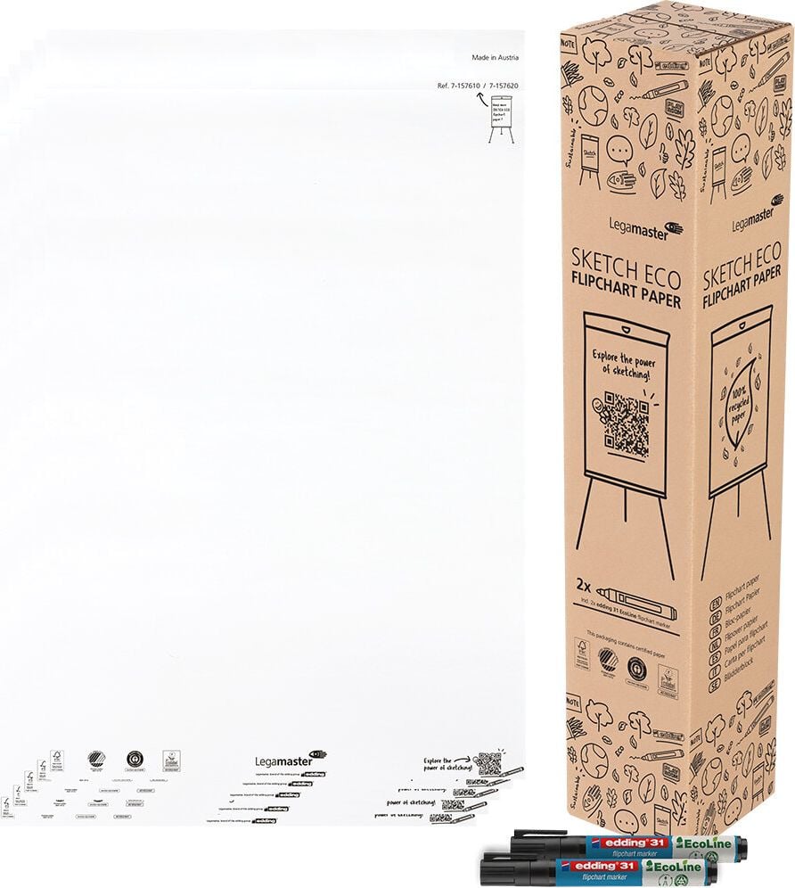 Flipchartblock Legamaster SKETCH ECO 7-157620, blanko, RC weiß, Block 50 Blatt, Pack 2 Block, FSC, Blauer Engel