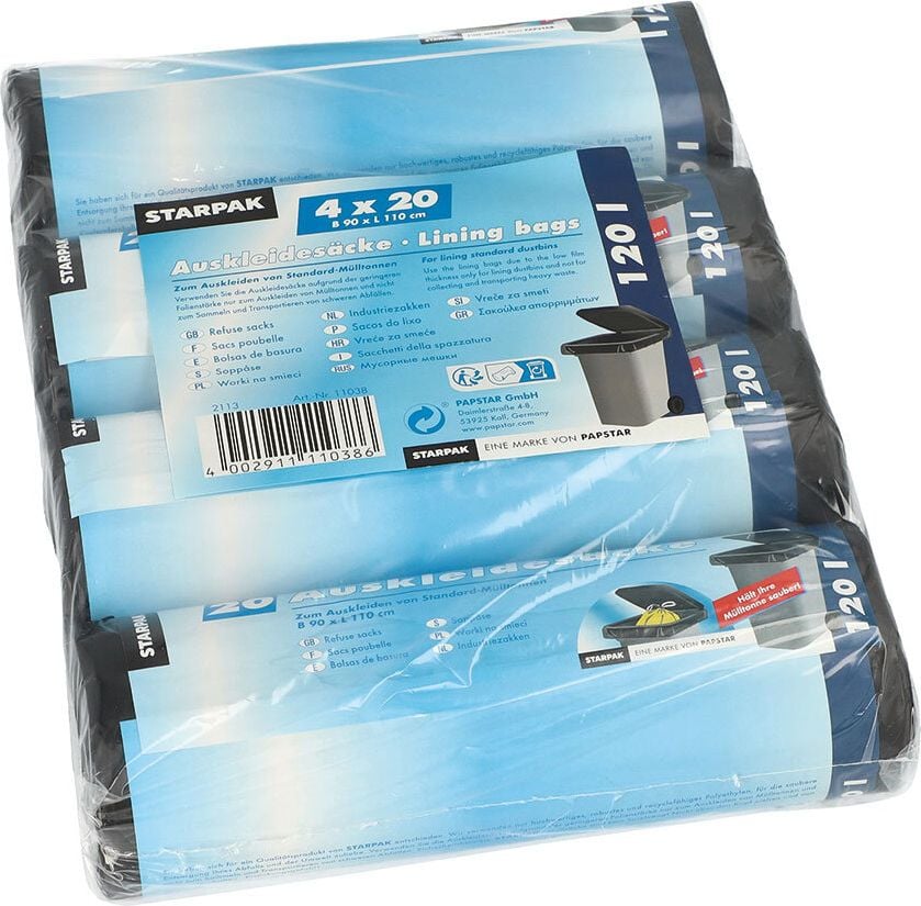 Müllsäcke Papstar Mülltonnen Innensäcke 11038, 110x90cm, LDPE, 120 Liter, schwarz, Pack 80 Stück (4 Rollen à 20 Stück), schwarz