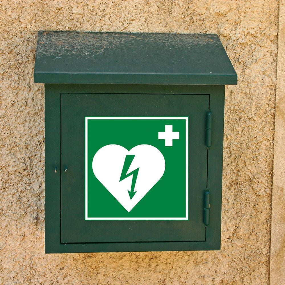 Hinweisschilder Exacompta 67008E Defibrillator, 20x20cm, selbstklebend, PVC, rutschfest nach Norm R10, grün/weiß