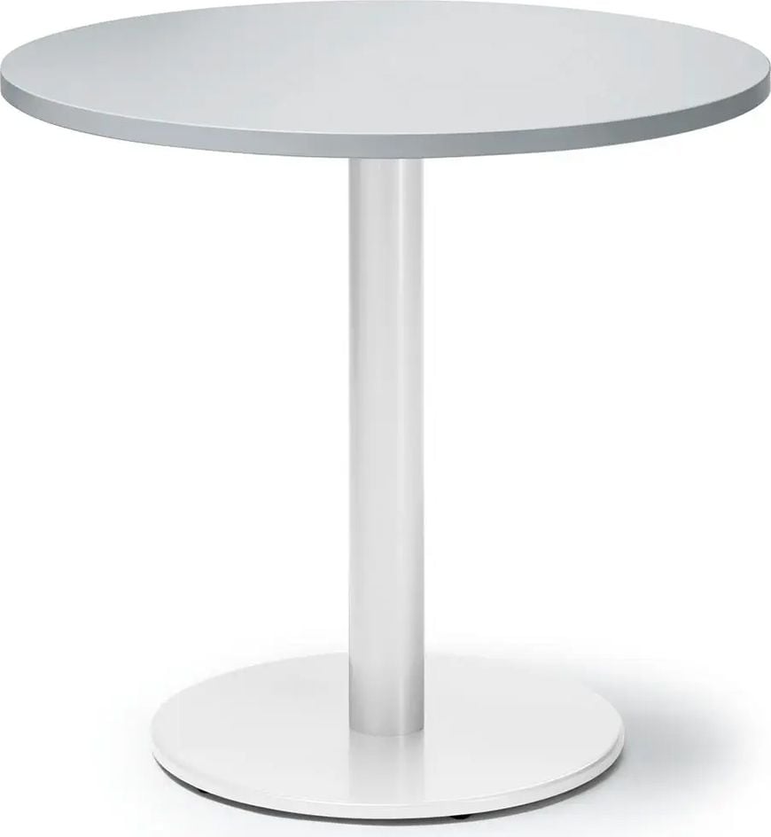 Besprechungstisch Deskin MODUL, 70cm Durchmesser, 72cm Höhe, Tellerfuß, Gestell Weiß RAL 9006, 15kg, grau