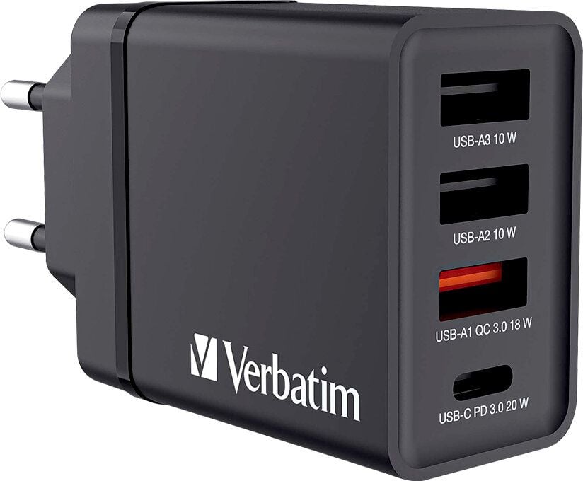 Ladegerät Verbatim USB-Wandladegerät 49700/49701, 1x USB-C PD 20W, 1x USB-A QC 3.0, 2x USB-A 10W (EU), Überstrom-/Überspannungs-/Kurzschluss- und Übertemperaturschutz, weiß