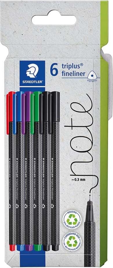Fineliner Staedtler Triplus 334 C6, ca. 0,3 mm, Dreikantschaft, Gehäuse 97% recyceltes Plastik, Blister mit 6 Stiften/5 Farben