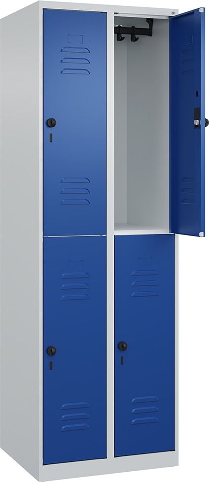 Spind CP Classic PLUS Garderobenschrank 080300-20, 60x185x50cm (BxHxT), mit Sockel, 2-stöckig, 4
Abteile je 30cm breit, Drehriegelverschluss, blau