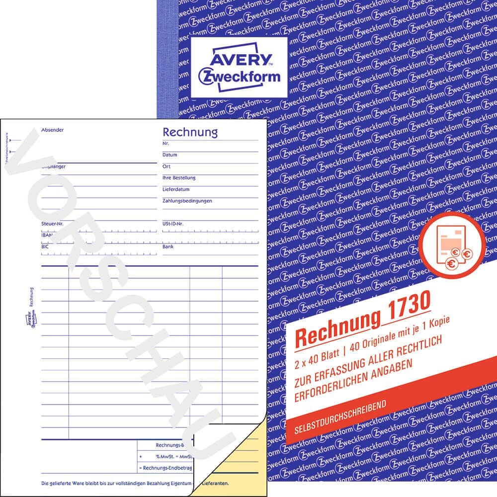 Rechnung Zweckform 1730, DIN A5 hoch, selbstdurchschreibend, Block
2x40 Blatt
