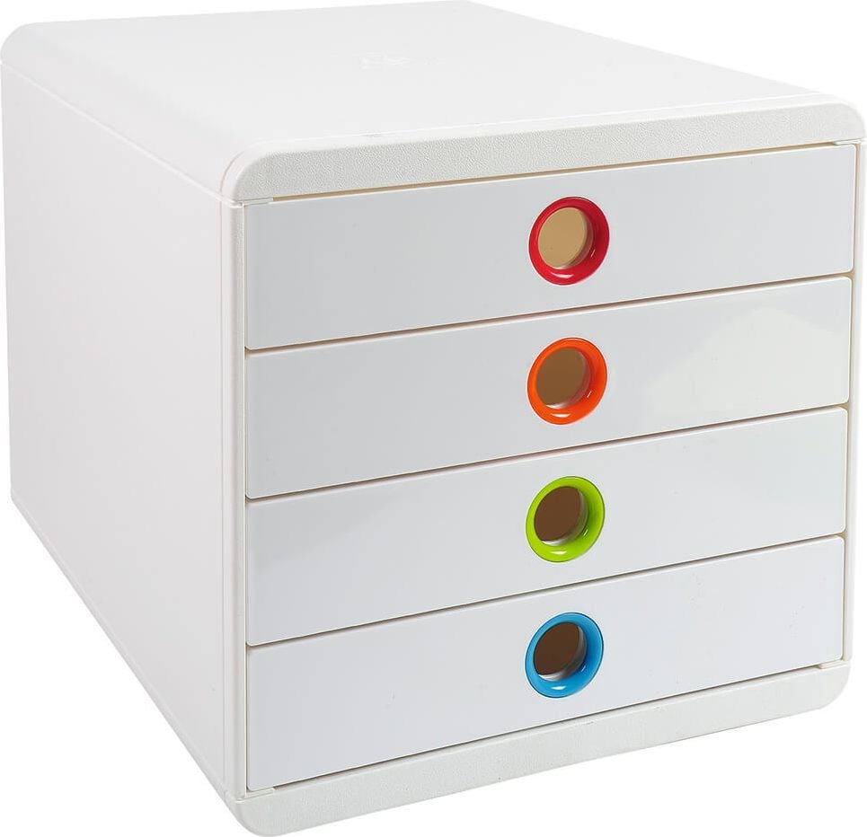 Schubladenbox Exacompta Pop-Box Classic 314398D, für A4+, 4 geschlossene Schubladen, Griffloch
farbig umrandet, Gehäuse weiß, weiß