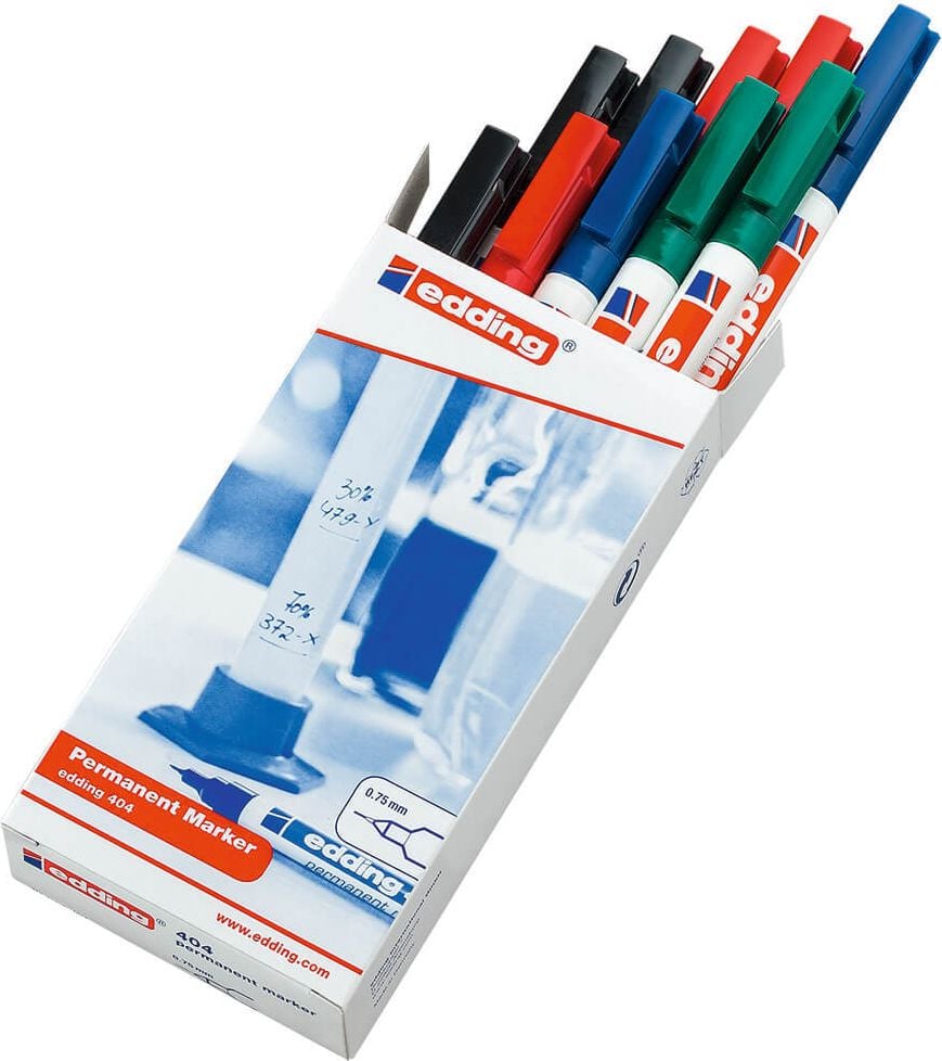 Permanentmarker Edding 404-9-99, ca. 0,75mm, Rundspitze, Schachtel mit 10
Stiften in 4 Farben