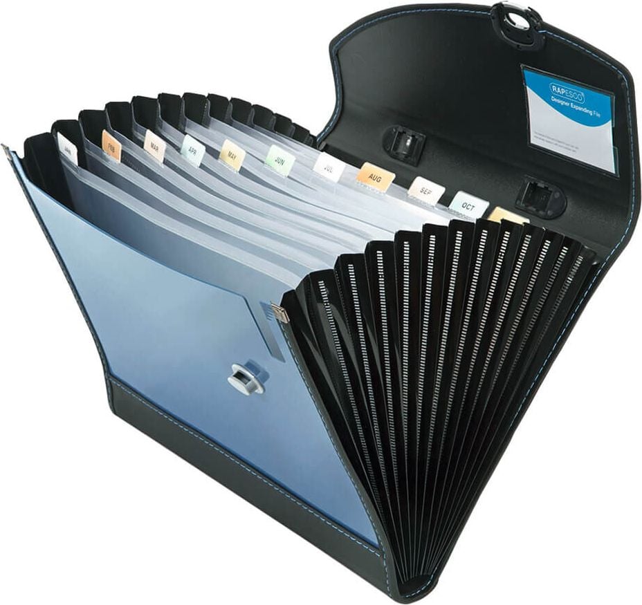 Fächermappen Rapesco 0681, A4+, 13 Fächer, Druckknopfverschluss,
Handgriff, blau, blau