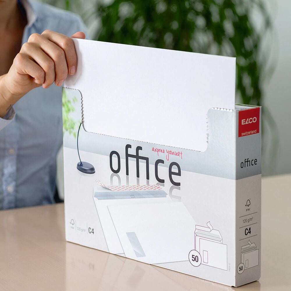 Versandtaschen C4 Elco Office Shopbox, 229x324mm, Fenster, weiß, 120 g/m²,
Haftklebung, Pack 50 Stück