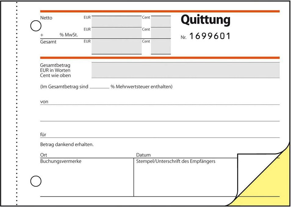 Quittungen Sigel SD121, DIN A6 quer, MwSt-Nachweis, Nummerierung,
selbstdurchschreibend, Block 2x50 Blatt