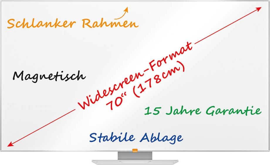 Whiteboard Nobo Impression Pro Widescreen 70 Zoll 1915256, 87x155cm, lackiert, trocken abwischbar,
Ablageschale, Wandaufhängung