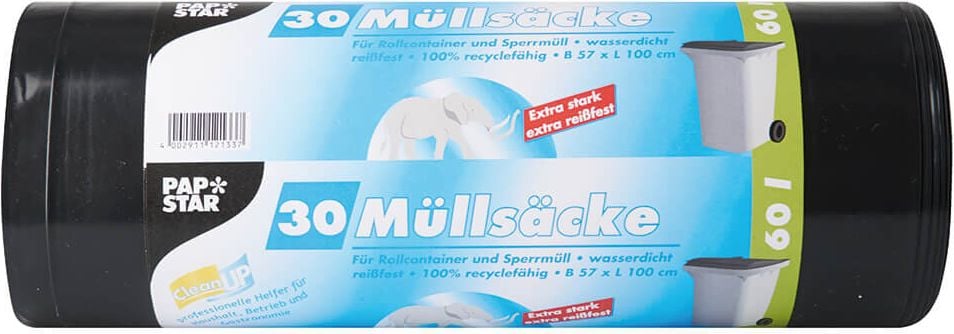 Müllsäcke Papstar 60 Liter 12133, 100 x 57 cm, LDPE recycelt, 60 Liter, extra
stark und reißfest, schwarz, Rolle 30 Stück