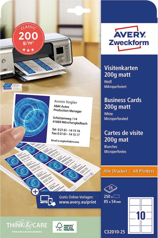 Visitenkarten Zweckform C32010-25, 85x54mm, weiß 200 g/m², beidseitig matt, Pack
25 Blatt/250 Stück