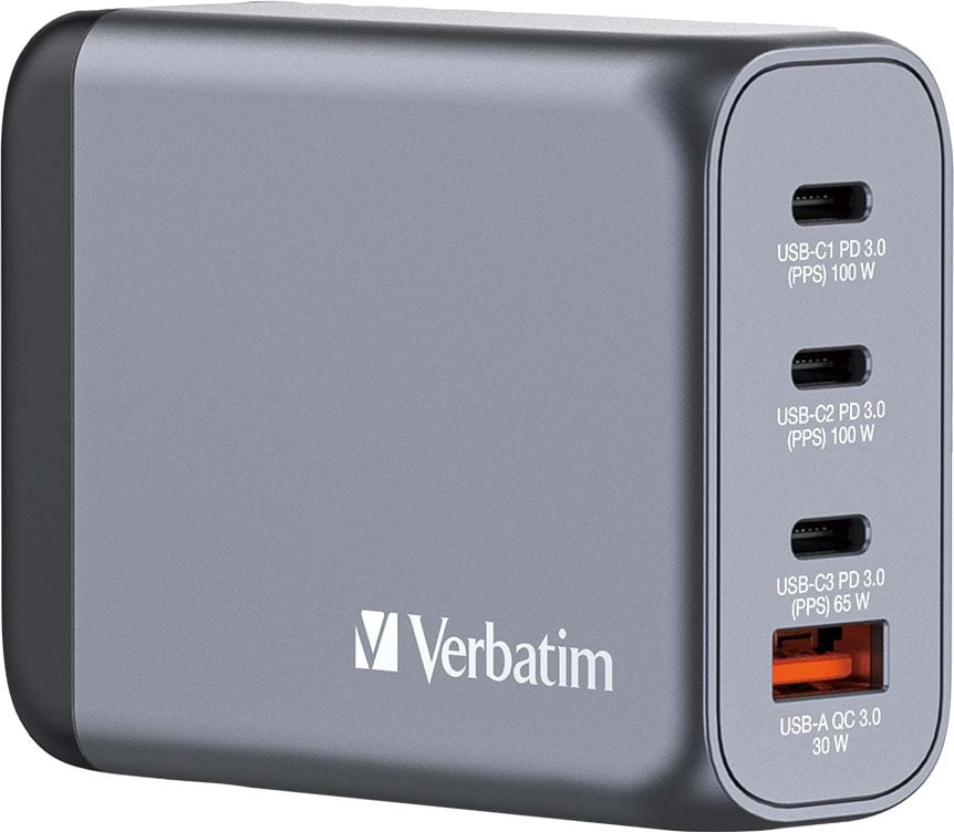Ladegerät Verbatim GaN Charger 100W GNC-100 32202, 2x USB-C PD 100W, 1x USB-C PD 65W, 1x USB-A QC 3.0 (EU/UK/US), GaN, Überstrom-/Überspannungs-/Kurzschluss- und Übertemperaturschutz, grau