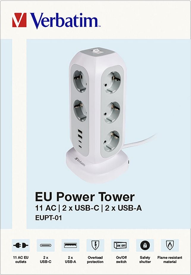 Steckdosenturm Verbatim 11-fach + 4 USB EUPT-01 49547, 90 Grad-Anordnung, 11x Schuko-Steckdosen, 2x USB-A, 2x USB-C, Kabellänge 2m, weiß