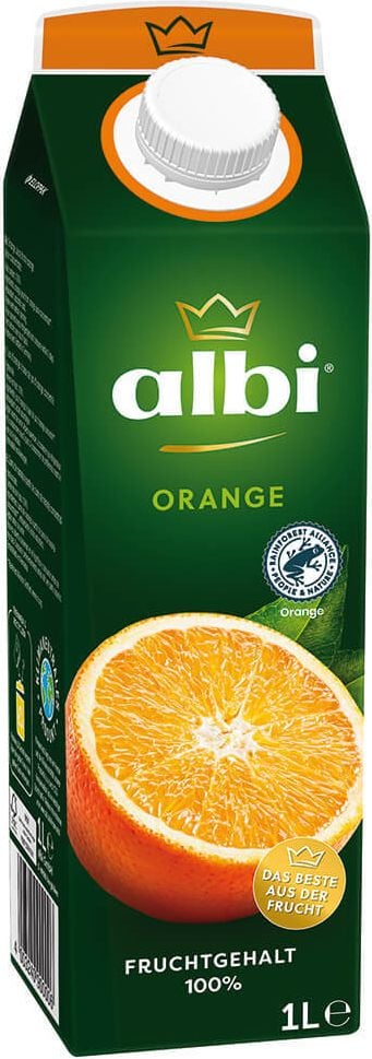 Orangensaft albi, 100% Fruchtgehalt, ohne Zusatz von Zucker,
Einweg, Pack 6 Stück à 1 Liter