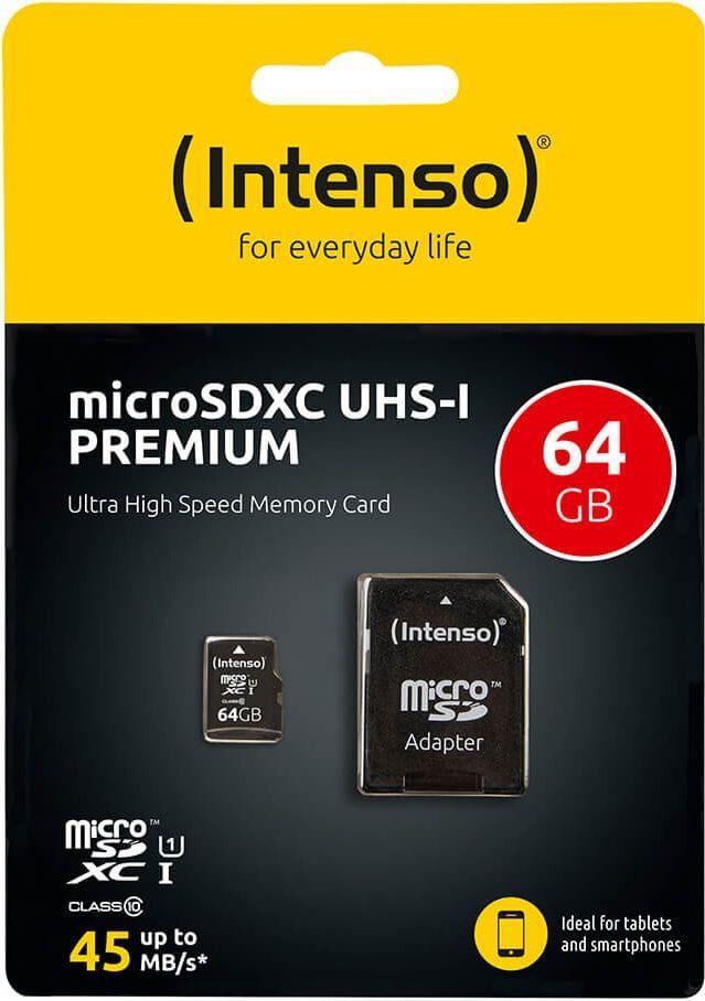 MicroSDXC-Speicherkarten Intenso UHS-I Premium 3423490, Class 10/U1, 64GB, mit SD-Adapter
