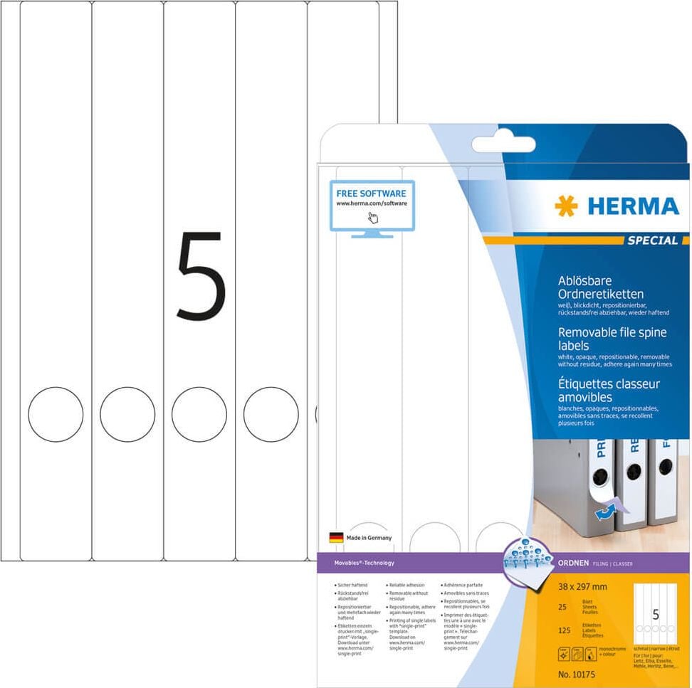 Rückenschilder Herma 10175 Ablösbare Ordneretiketten, schmal/lang, 297x38mm, auf A4, weiß, Pack 25
Blatt/125 Stück