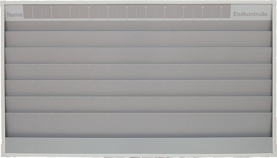 Werkstattplaner Eichner 9019-00588, für 30 x A4, 1580x900x78mm (BxHxT), fünfreihig,
zusätzliches Ablagefach und Kopfleiste
(Zeitstrahl-Beschriftung), grau