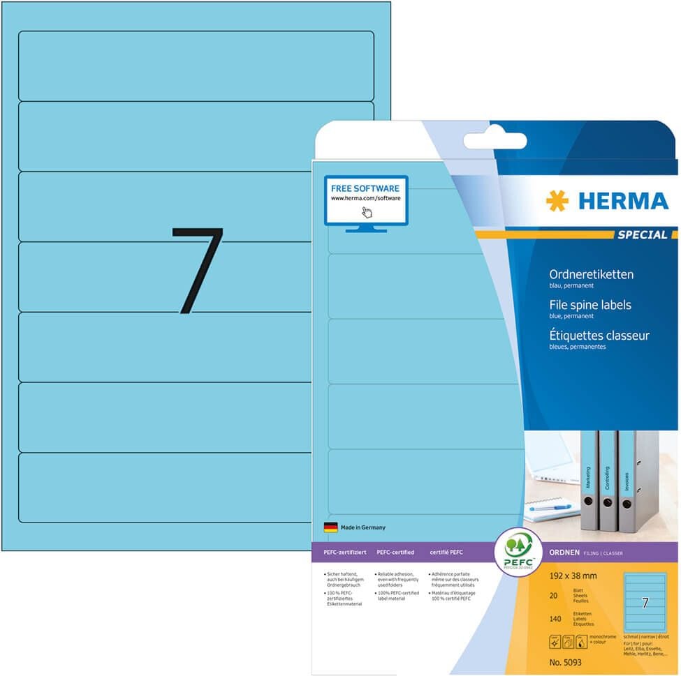 Rückenschilder Herma 5093, schmal/kurz, 192x38mm, auf A4, blau, Pack 20
Blatt/140 Stück