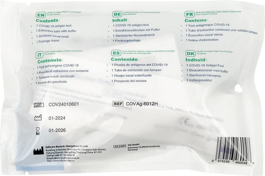 COVID-19 Laien Antigen-Schnelltest Safecare Bio-Tech, einzeln verpackt, Laientest für
Selbstanwendung/Eigengebrauch, BfArM-gelistet
(Sonderzulassung 5640-S-123/21), verifiziert
bzw. evaluiert durch das Paul-Ehrlich-Institut