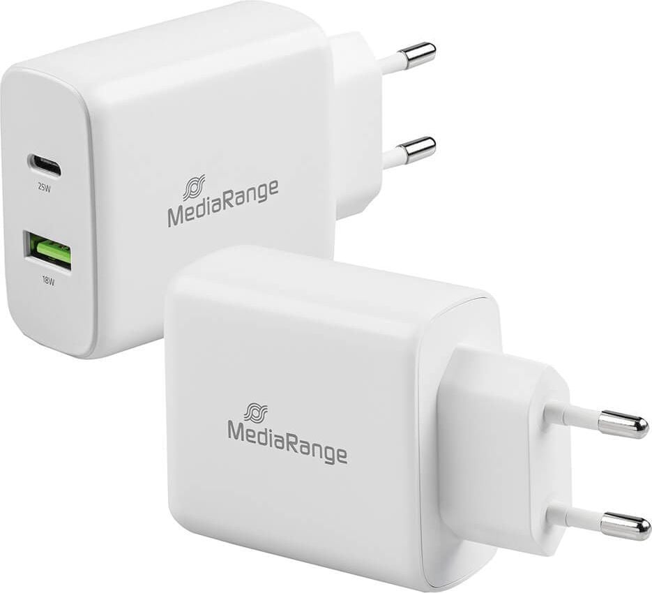 Ladegerät MediaRange MRMA113-2, 1x USB-C PD QC 25W, 1x USB-A 18W, max. 45W, Überspannungs-/Überlade-/Überhitzungsschutz, weiß