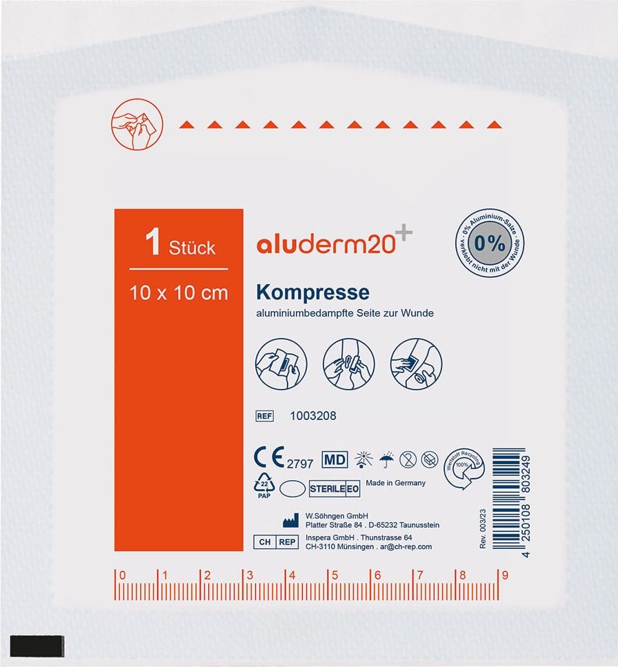 Kompresse aluderm 20 Söhngen 1003208, 10x10cm, hohe Saugfähigkeit, grau/weiß
