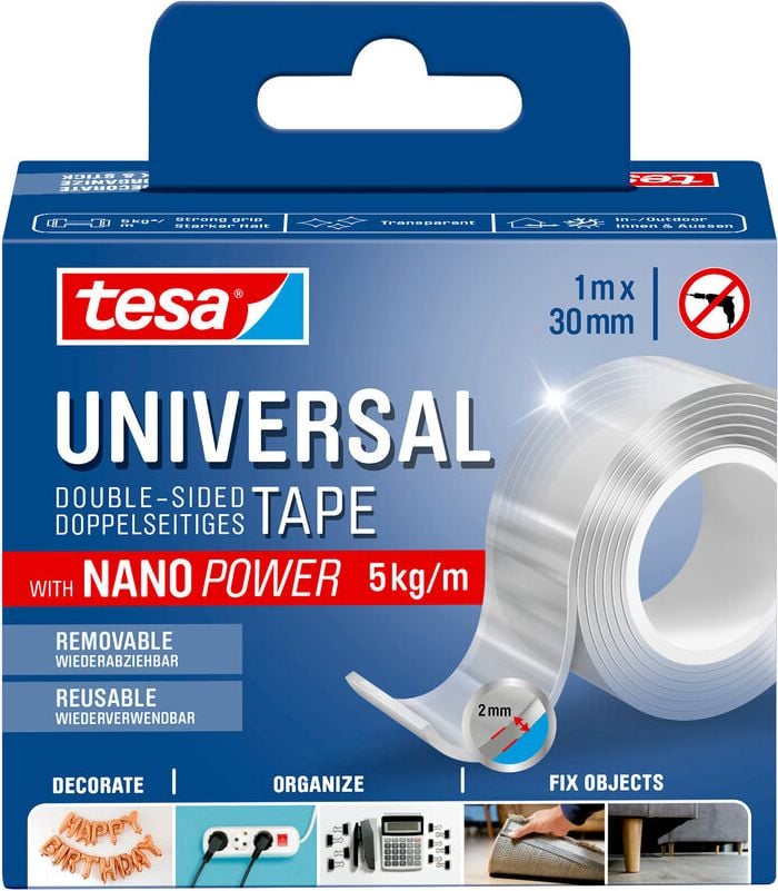 Doppelklebeband Tesa Universal double Sided Tape Nano Power, 30mm x 1m, starke Haftung, ablösbar,
wiederverwendbar, für innen und außen