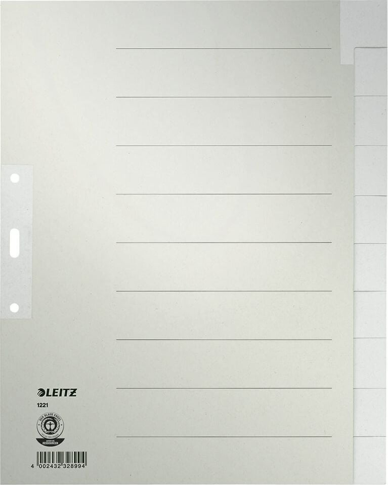 Papierregister Leitz A4 Überbreite blanko 1221, A4 Überbreite, blanko, 10-teilig, Tauenpapier
100g/m² (RC), grau, Pack 20 Stück, grau