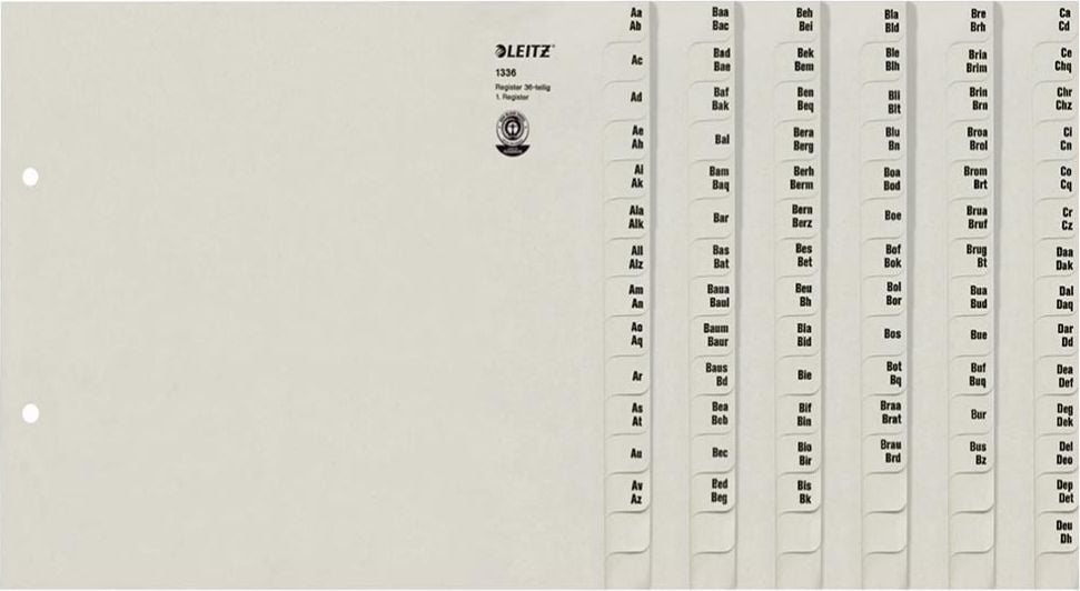 Registerserie Leitz A4 36-teilig 1336, A4, Namen, Tauenpapier 100 g/m², grau