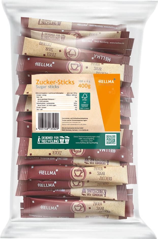 Zuckersticks Hellma, Pack 100 Portionen/4g, nachhaltige Verpackung