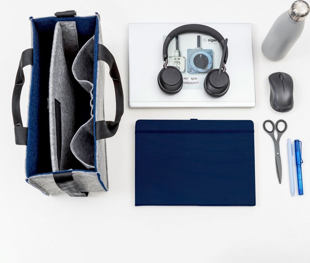 Aufbewahrungstasche Sigel Desk Sharing Bag Bicolor M BA424, für Laptops bis 15,4 Zoll, 100% recycelter PET-Filz, 2 Fächer, 5 separate Einsteckfächer, grau/dunkelblau