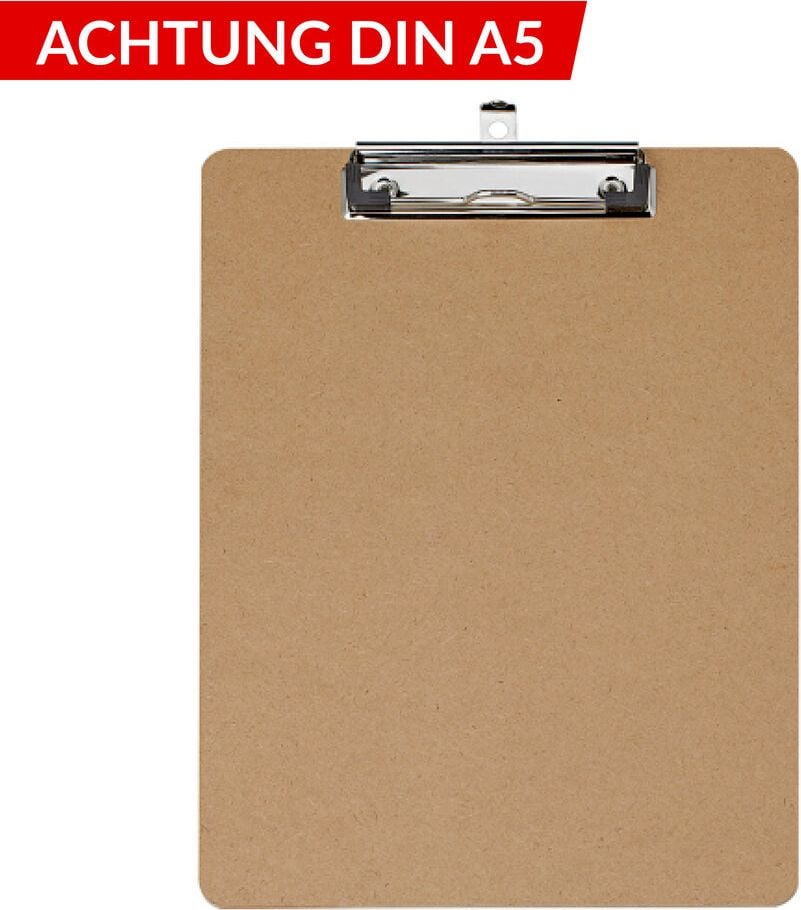 Klemmbretter Maul MAULbasic 2391870, A5, Hartfaser-Holz, Bügelklemme kurze Seite,
Aufhängeöse, braun, braun