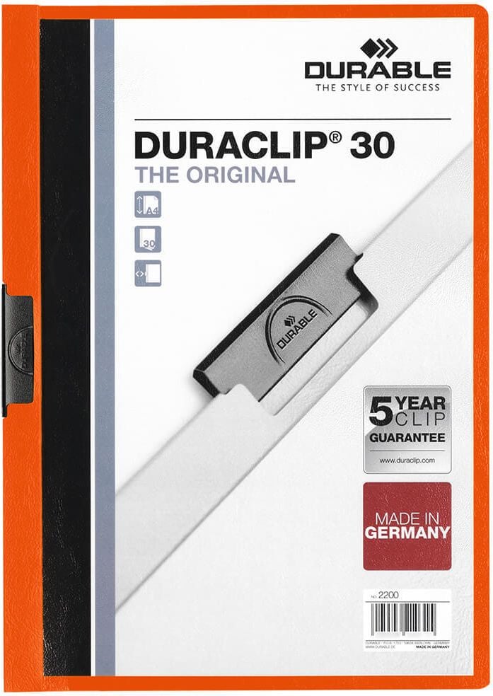 Klemmhefter Durable Duraclip 30 A4 2200, für 30 Blatt, Metallclip, transparenter
Vorderdeckel, farbiger Rückdeckel, orange