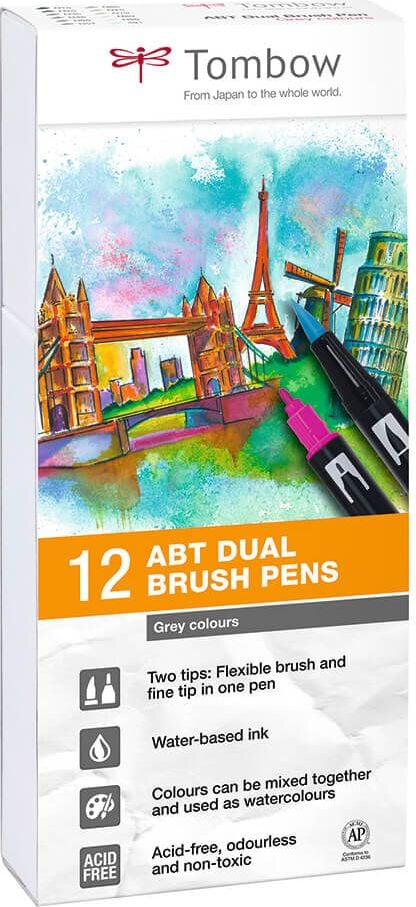 Fasermaler Tombow Abt Dual Brush Pen ABT-12P-3, 2 Spitzen (ca. 0,8 + ca. 0,8-3,3mm), Etui mit
12 Grautönen