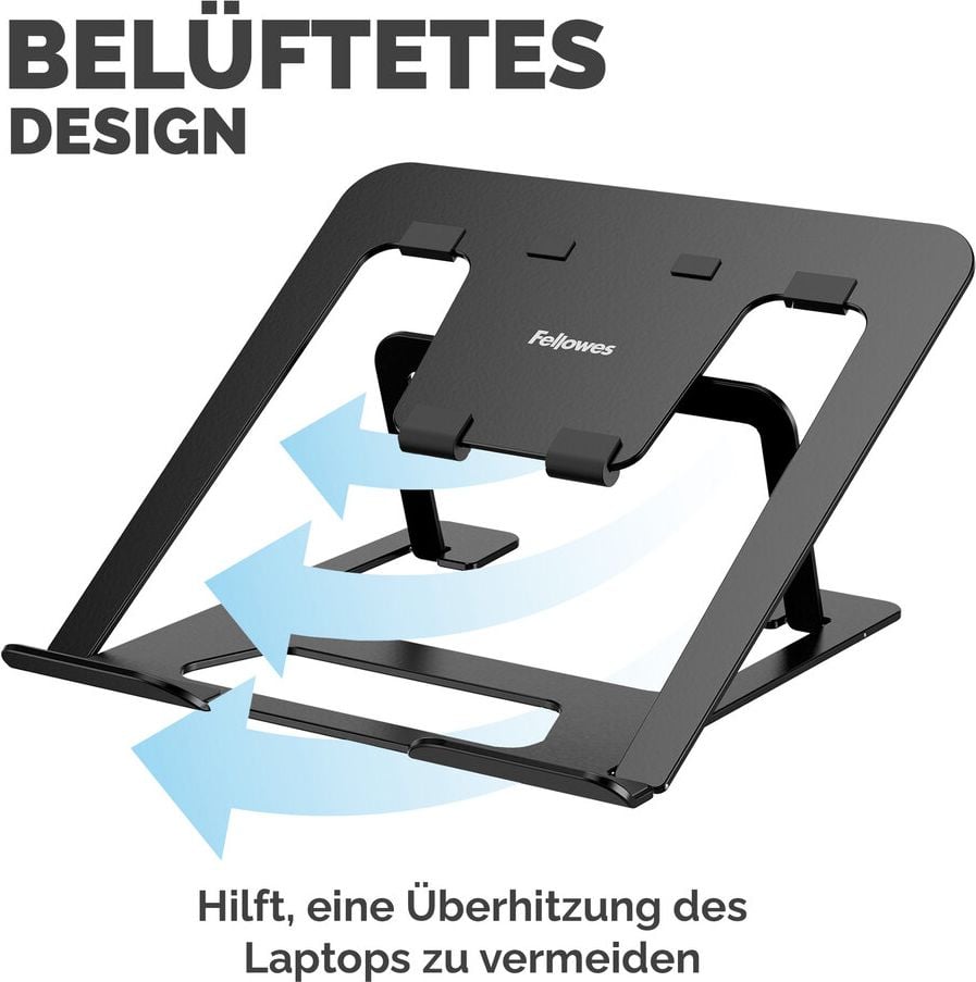 Notebookständer Fellowes Alumia, bis 15 Zoll Notebooks, flach zusammenklappbar,
6 stufig höhenverstellbar, 93% recyceltes Material, Aluminium, schwarz
