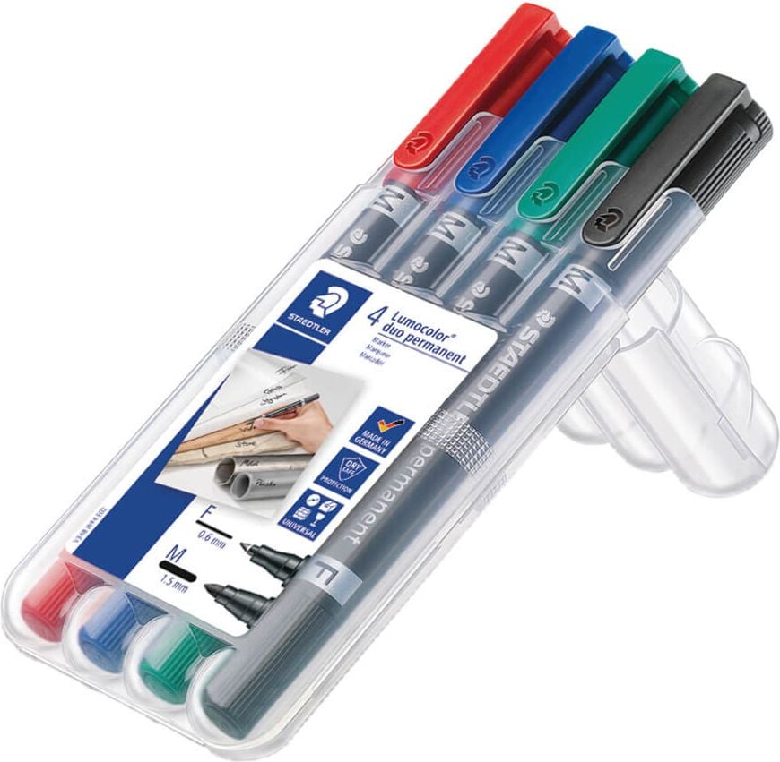 Permanentmarker Staedtler Lumocolor permanent duo 348 WP4, 2 Rundspitzen (0,6 + 1,5mm), Etui mit 4
Farben
