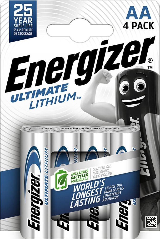 Batterien Energizer Ultimate Lithium Mignon (AA), 1,5 Volt, temperaturbeständig von −40 C bis +60 C, enthält recycelte Materialien, Pack 4 Stück