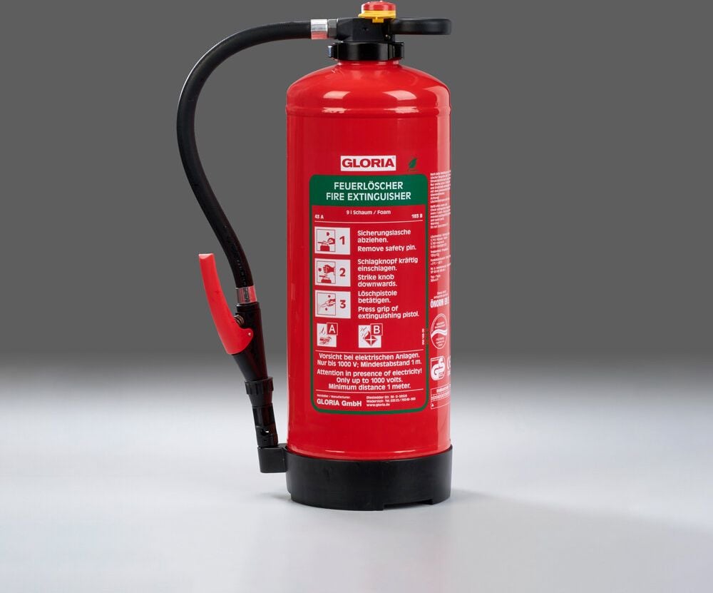 Schaum-Aufladefeuerlöscher Gloria SKA + 9 PRO, 9 Liter Schaumlöscher, 43A, 183B,
Schlagknopfarmatur, fluorfrei, mit Wandhalter