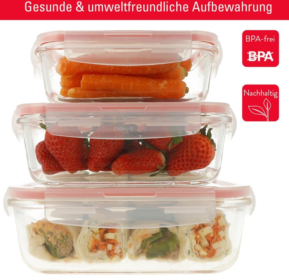 Frischhalteboxen Clauss Klickboxen 10003, 3er Set (570/840/1180ml), Glas, Deckel mit
4-Klick-System, spülmaschinengeeignet