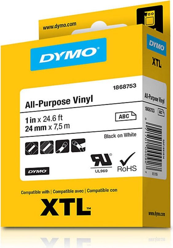 Schriftbänder Dymo XTL 1868753, schwarz auf weiß, 24mm/7m, Vinylband