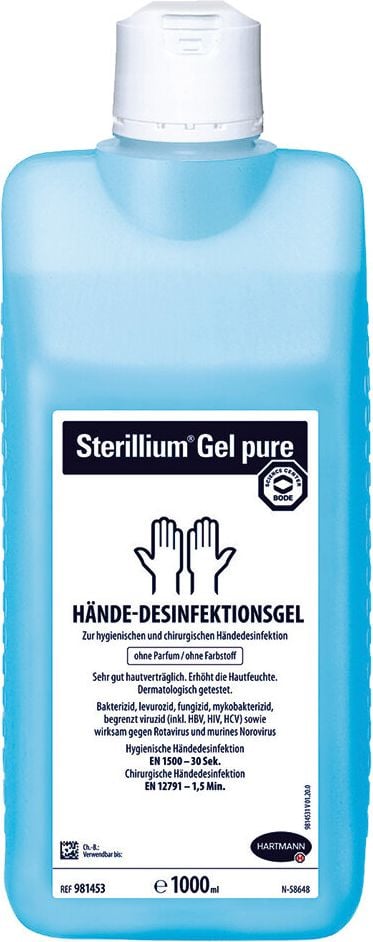 Handdesinfektionsgel Sterillium Gel pure 1 Liter 981453, begrenzt viruzid, ohne Farb- & Duftstoffe,
Euroflasche 1 Liter