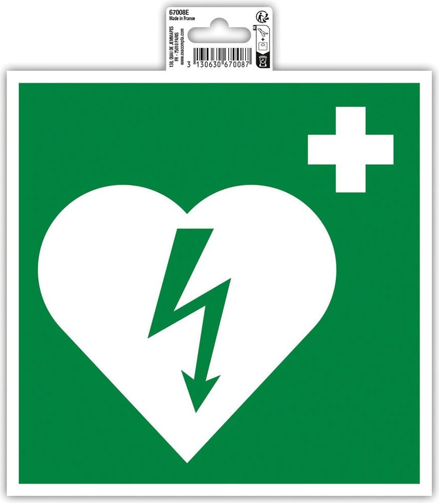 Hinweisschilder Exacompta 67008E Defibrillator, 20x20cm, selbstklebend, PVC, rutschfest nach Norm R10, grün/weiß