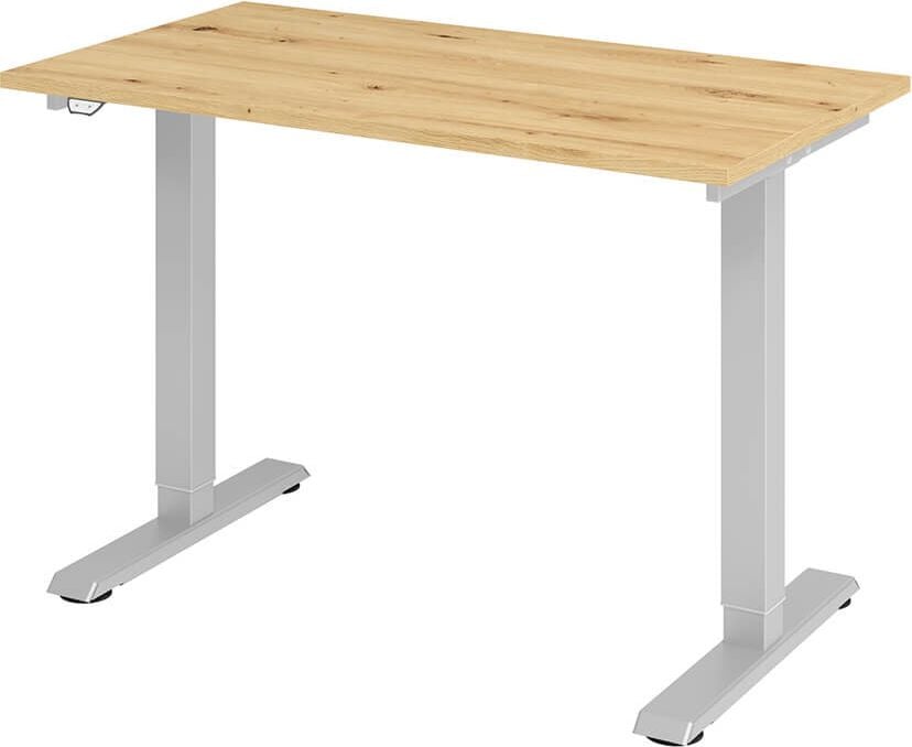 Hubschreibtisch Hammerbacher XMST612, 120x67cm (BxT), 71-120cm Höhe, elektrisch
höhenverstellbar, rechteckig, T-Fuß silber, asteiche