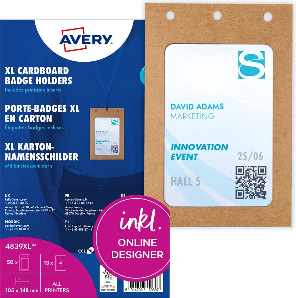 Namensschilder Avery Zweckform 4839XL, 105x148mm, Lochung (ohne Clip+Band), Pack 50 Stück