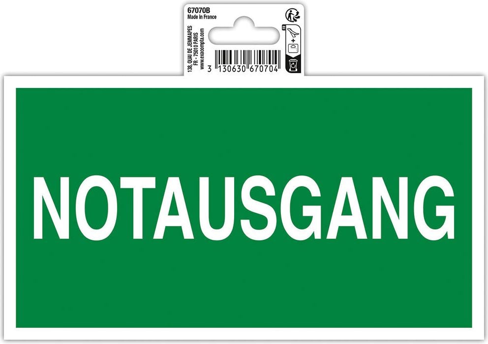 Hinweisschilder Exacompta 67070B Notausgang, 20x11cm, selbstklebend, PVC, rutschfest nach Norm R10, grün/weiß